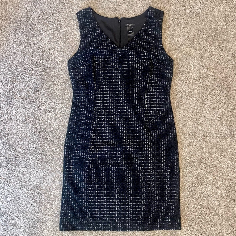 NWT. Ann Taylor Factory Black Textured Sheath Dress. White Thread Detail. 8P.
